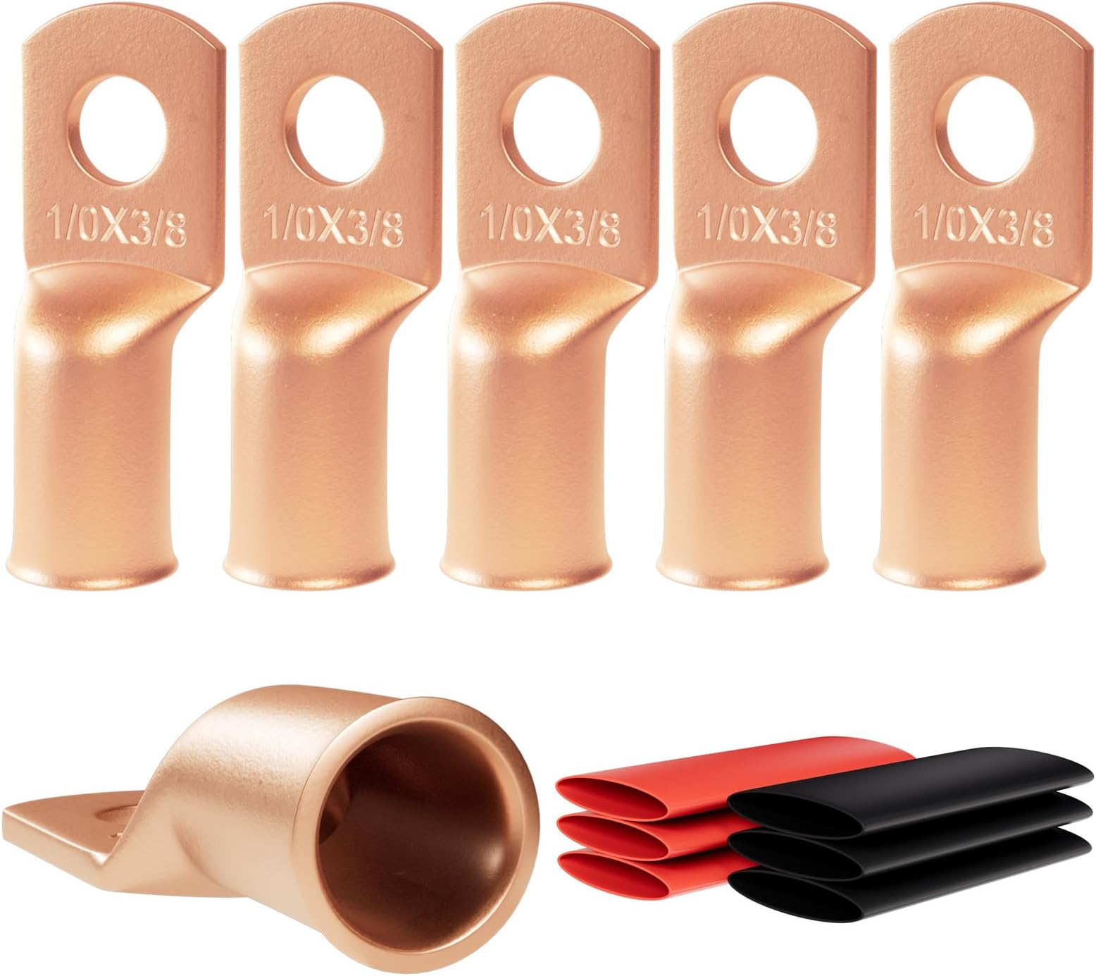 6pcs 1/0 Awg - 3/8" (M10) Sanuke Wire Lugs Ring Terminal Connectors Ends Heavy Duty for Battery Cable Lug Wire Electrical Eyelets with 3:1 Dual Wall Adhesive Heat Shrink