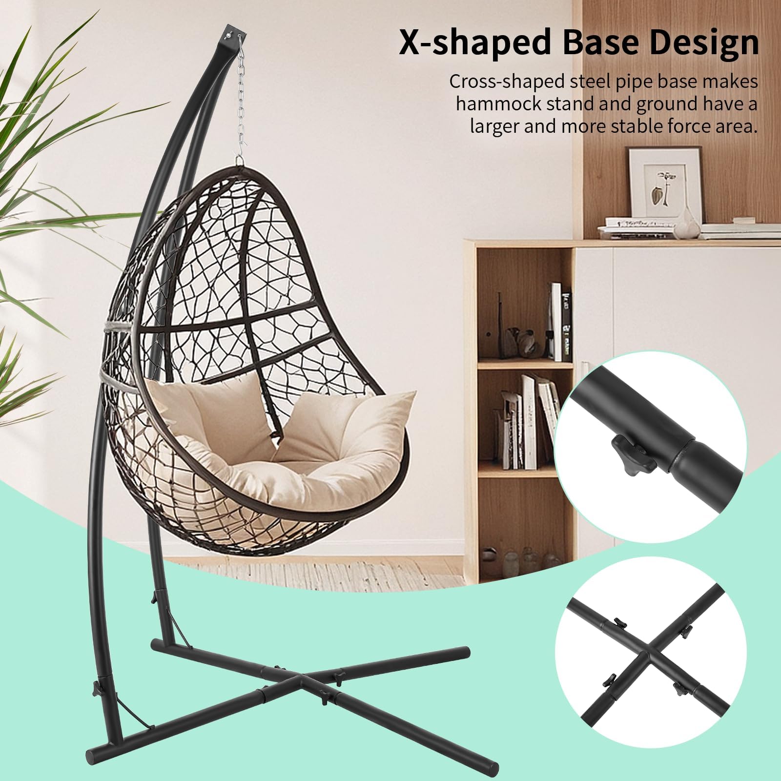 LIFERUN Struttura per poltrona sospesa nera, robusta struttura in metallo, design a X, supporto mobile per poltrona sospesa e altalena sospesa in giardino, balcone e soggiorno, portata fino a 150 kg