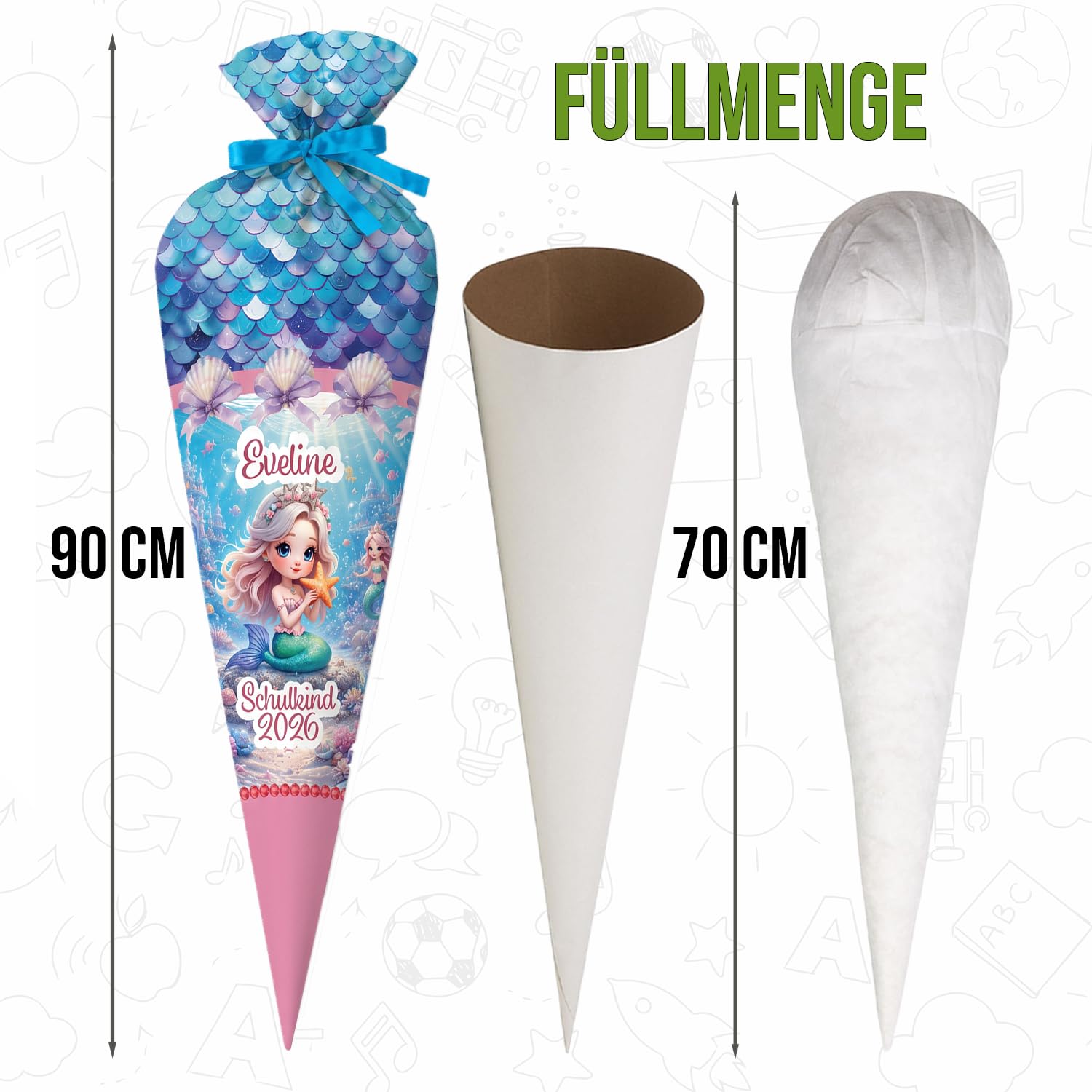 Schultüte Meerjungfrau personalisiert 70 cm Stoff Zuckertüte mit Namen für Mädchen runde Papprohling Silikonkügelchen Kissen