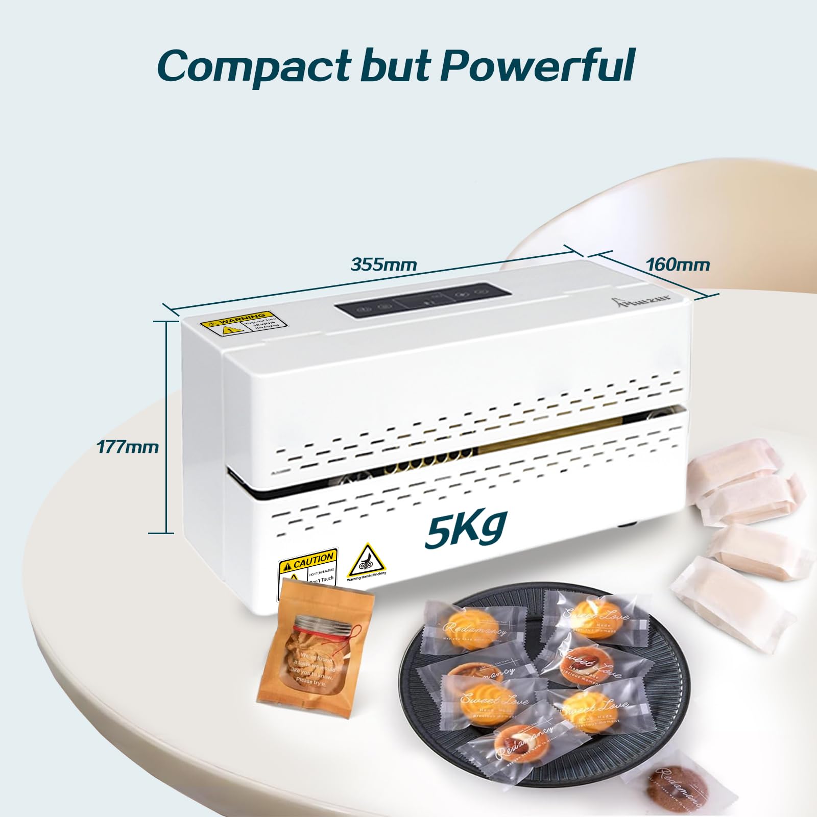 Phezer Máquina de sellado térmico continuo, sellador automático de bolsas de plástico con control digital de temperatura, sellador térmico de banda ligera para almacenamiento comercial de alimentos