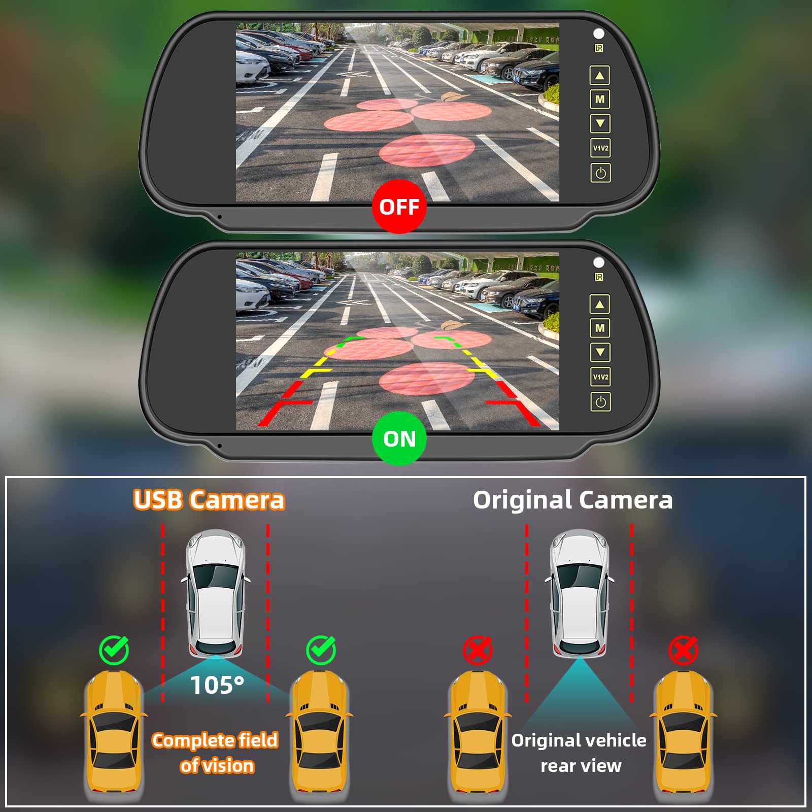 Cámaras de Marcha Atrás Retrovisor Pantalla Táctil 7 Pulgadas LCD Monitor Full HD 1080P Cámara Trasera Impermeable Visión Nocturna 12V-24V