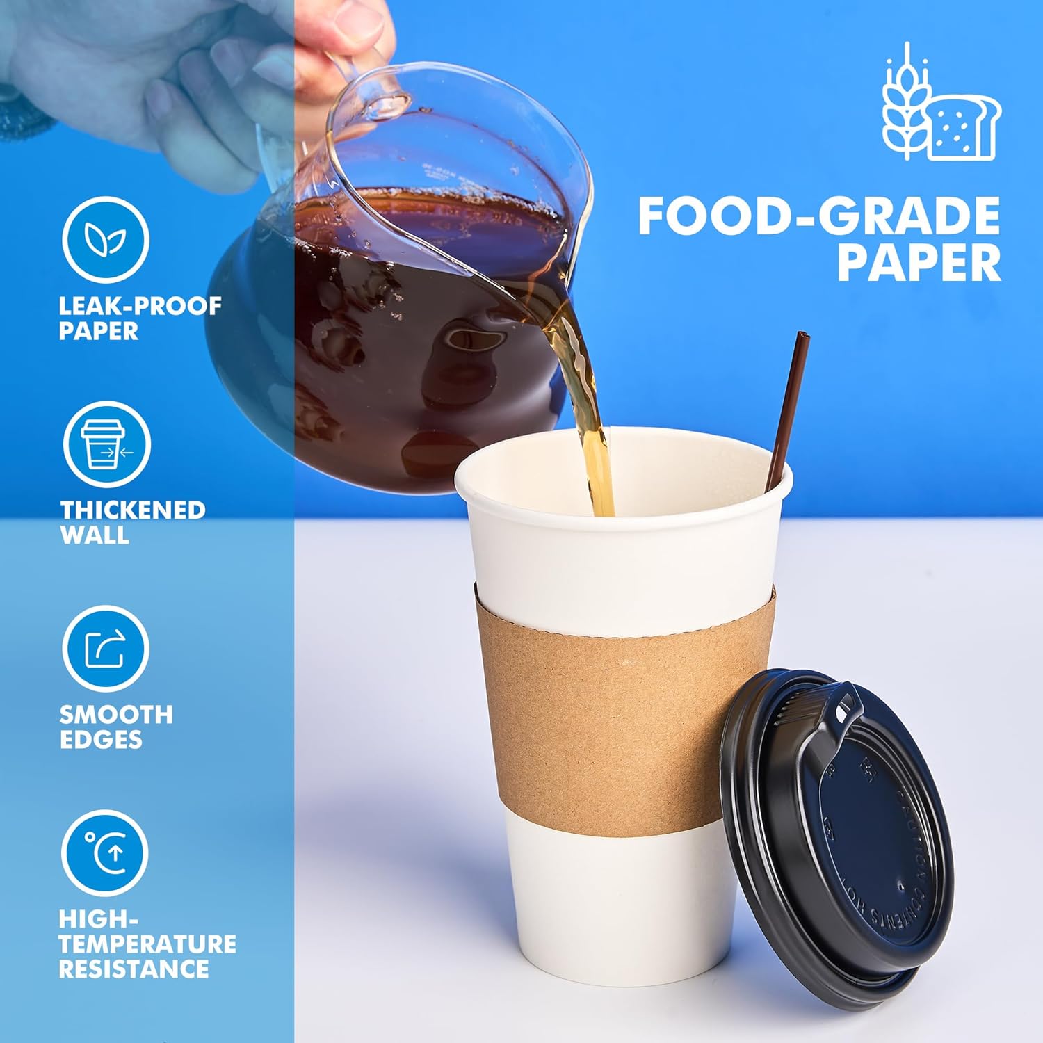 RACETOP 16 oz 100 Pack Disposable Paper Coffee Cups with Lids, Sleeves and Stirrers, Hot Cups, Paper Cups with Lids, Sleeves and Stirrers, Ideal for Home/Office - Image 6