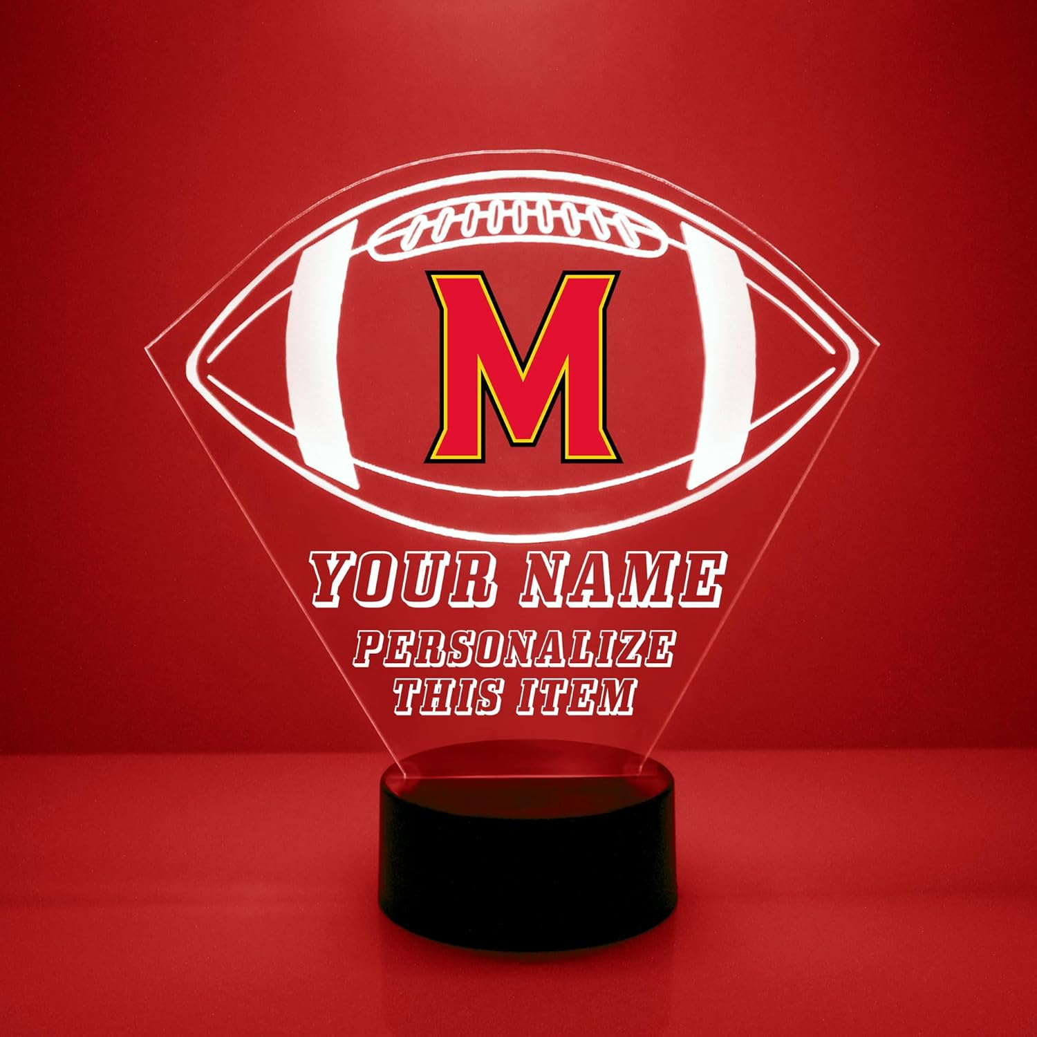 Custom University of Maryland (UMD) Terps Terrapins Football LED Sign Night Light Lamp with Remote, Personalized Text, Officially Licensed from the CLC by Mirror Magic Gifts, Made in the USA