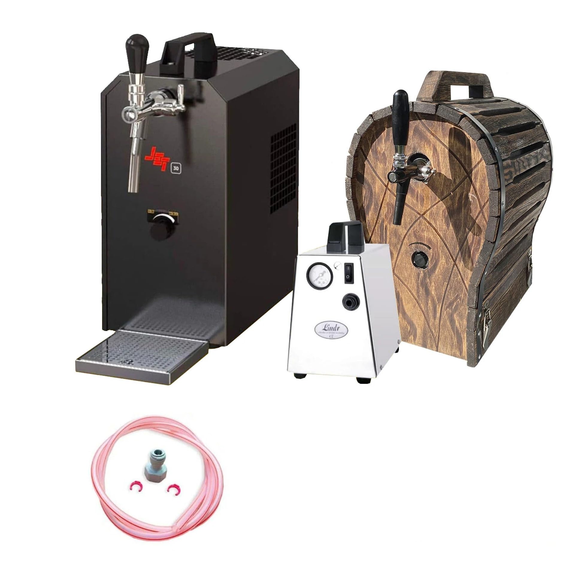 Kit Completo dispensador de Cerveza Jet 30 con maletín, Enfriador de Flujo Continuo 1 vía hasta 35 l/h, Barril de Madera, Grifo Triangular y keg Tipo G
