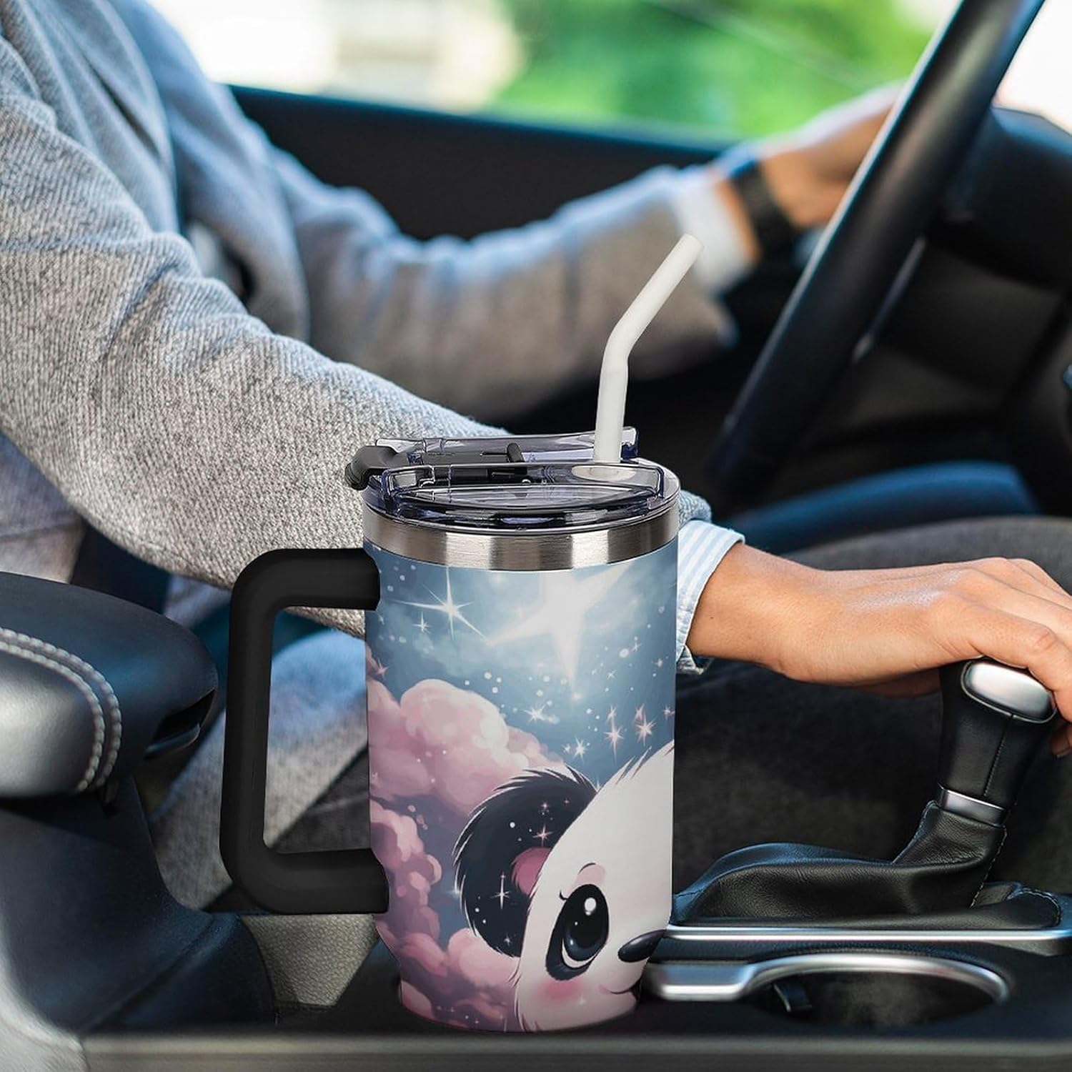 Cute Cartoon Animal Travel Coffee Mug Reusable Durable Stainless Steel Insulated Tumbler with Handle And Straw Leak Resistant Portable Thermal Cup Gifts for Men Women 40 Oz