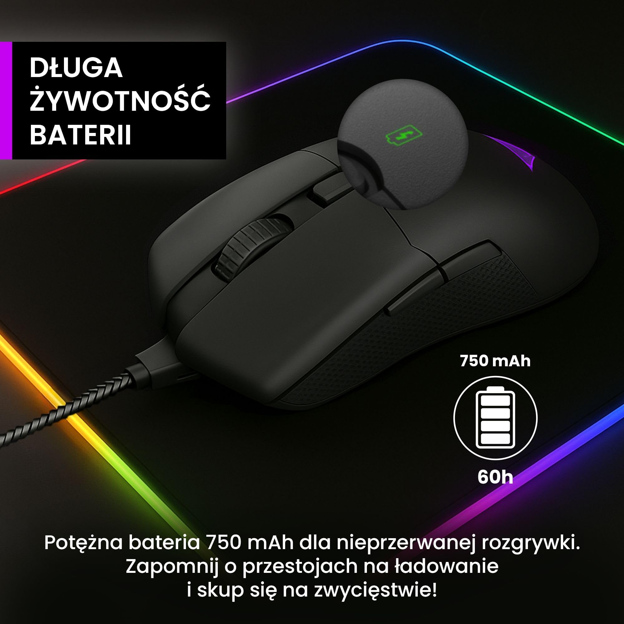 PREYON Mysz Gamingowa z Kablem 1,8 m Bezprzewodowa do Komputera Myszka z Programowalnymi Przyciskami Podświetleniem RGB 2.4 GHz USB Lekka 85 g Czujnik 16K DPI – Owl Czarna