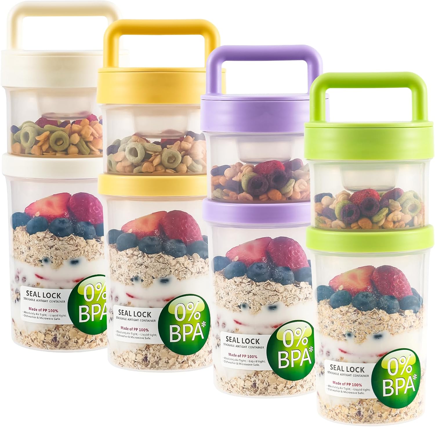4 Pack 31 oz Salad Jars,Breakfast On The Go Cups, 2-Tier Leak-Proof Meal Prep Container with Foldable Spoon, Reusable Cereal Yogurt Cup with Overnight Oats Container for Granola Oatmeal