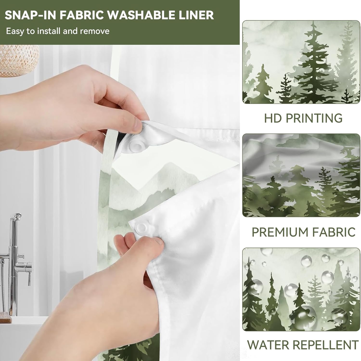 juwute Hookless Shower Curtain with Snap in Liner, Green Nature Forest No Hook Shower Curtains for Bathroom，Shower Curtain and Liner Set, 72" W x 75" L