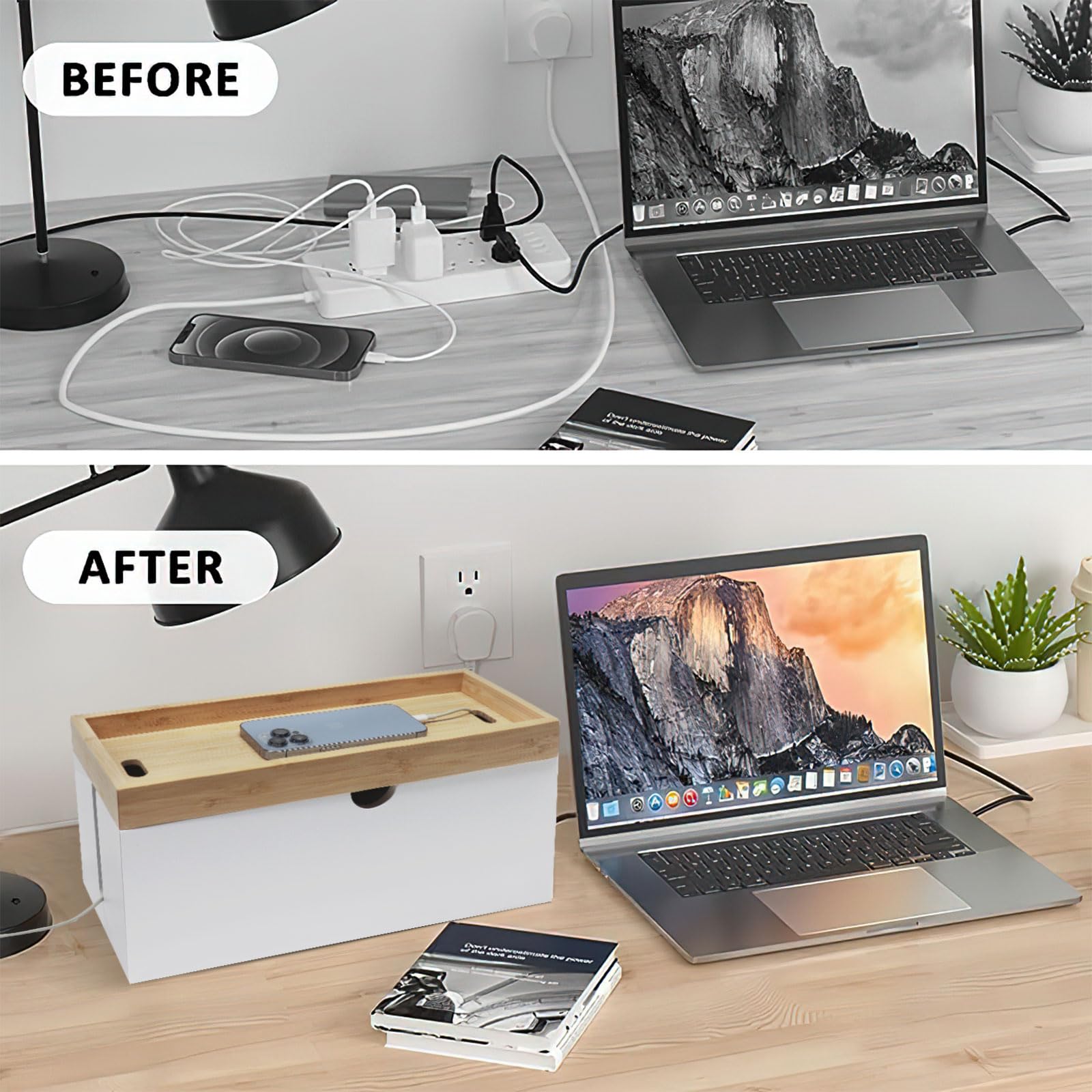 Caja organizadora de cables de bambú, caja organizadora de cables grande para ocultar cables y regletas de alimentación para escritorio, soporte de cables para oficina y hogar, no requiere montaje