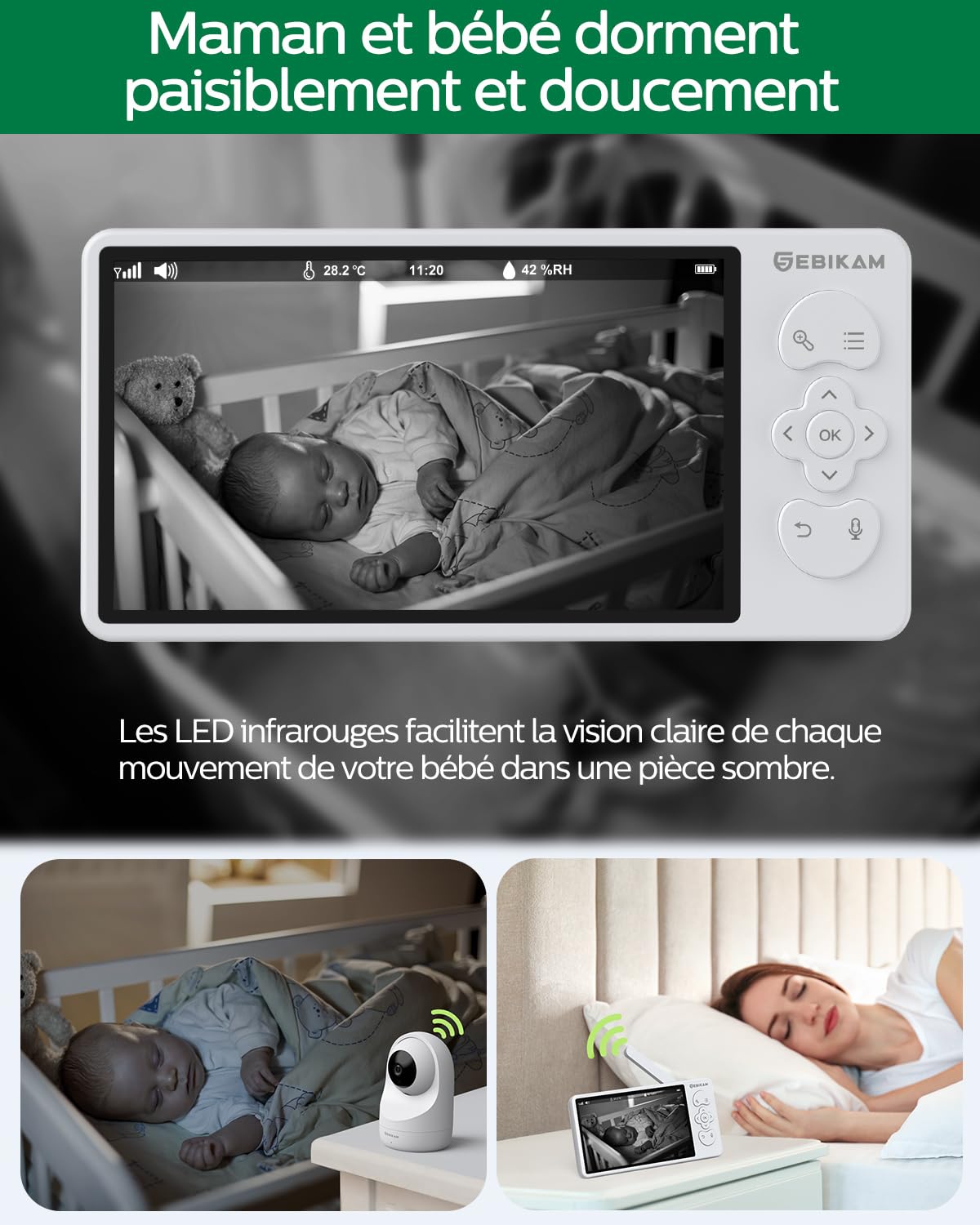 Babyphone Vidéo 5,5 Pouces 2K 3MP HD, FHSS & WiFi avec App | Batterie 4000mAh, Vision Nocturne, Audio Bidirectionnel, Mode VOX, Rotation 355°, Surveillance Température, Berceuses