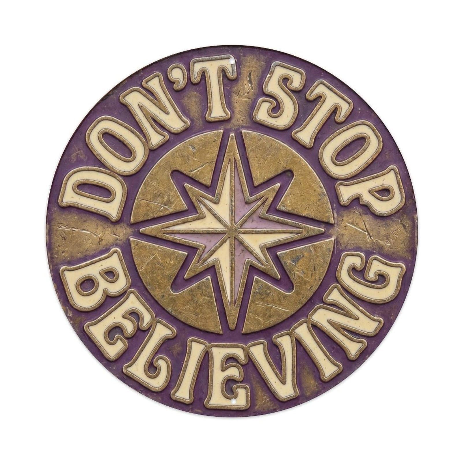 Dont Stop Believing Classic Workshop Display Retro Slogans Metal Tin Sign Plaque Wall Decor for Cafe, Club Bar, Office, Home Garden Round Metal Poster 8x8Inch