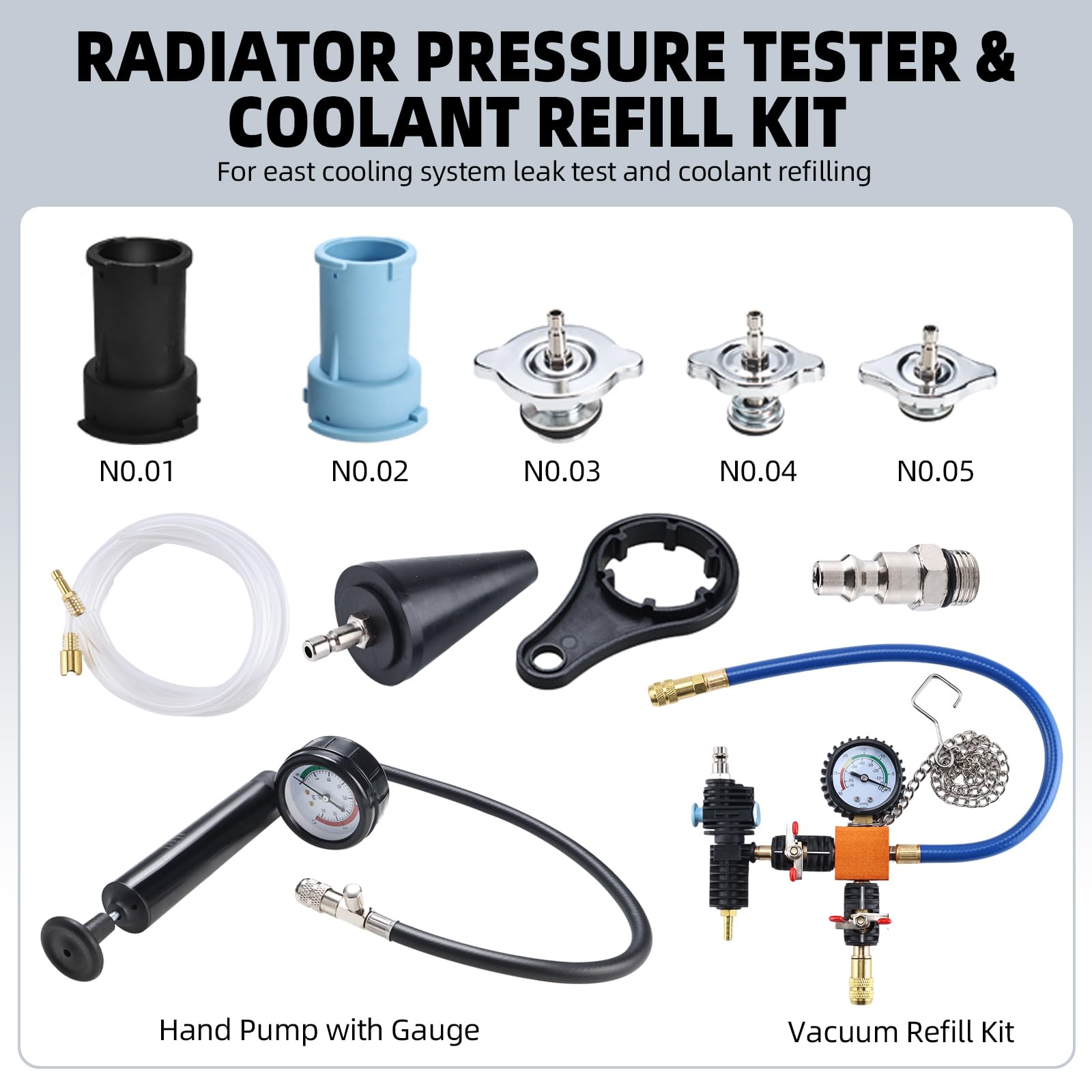 FreeTec 31pzs Probador Presion Radiador, Universal Probador Presion Circuito Refrigeración, Kit Comprobador Fugas Purgador Liquido Refrigerante, Herramientas Radiador Coche con Bomba Adaptador (Azul)