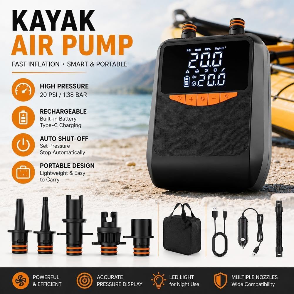 Pompe à pagaie électrique rechargeable, pompe de 20 psi, 6000 mAh, gonflage automatique avec pompes S, dégonflage, et