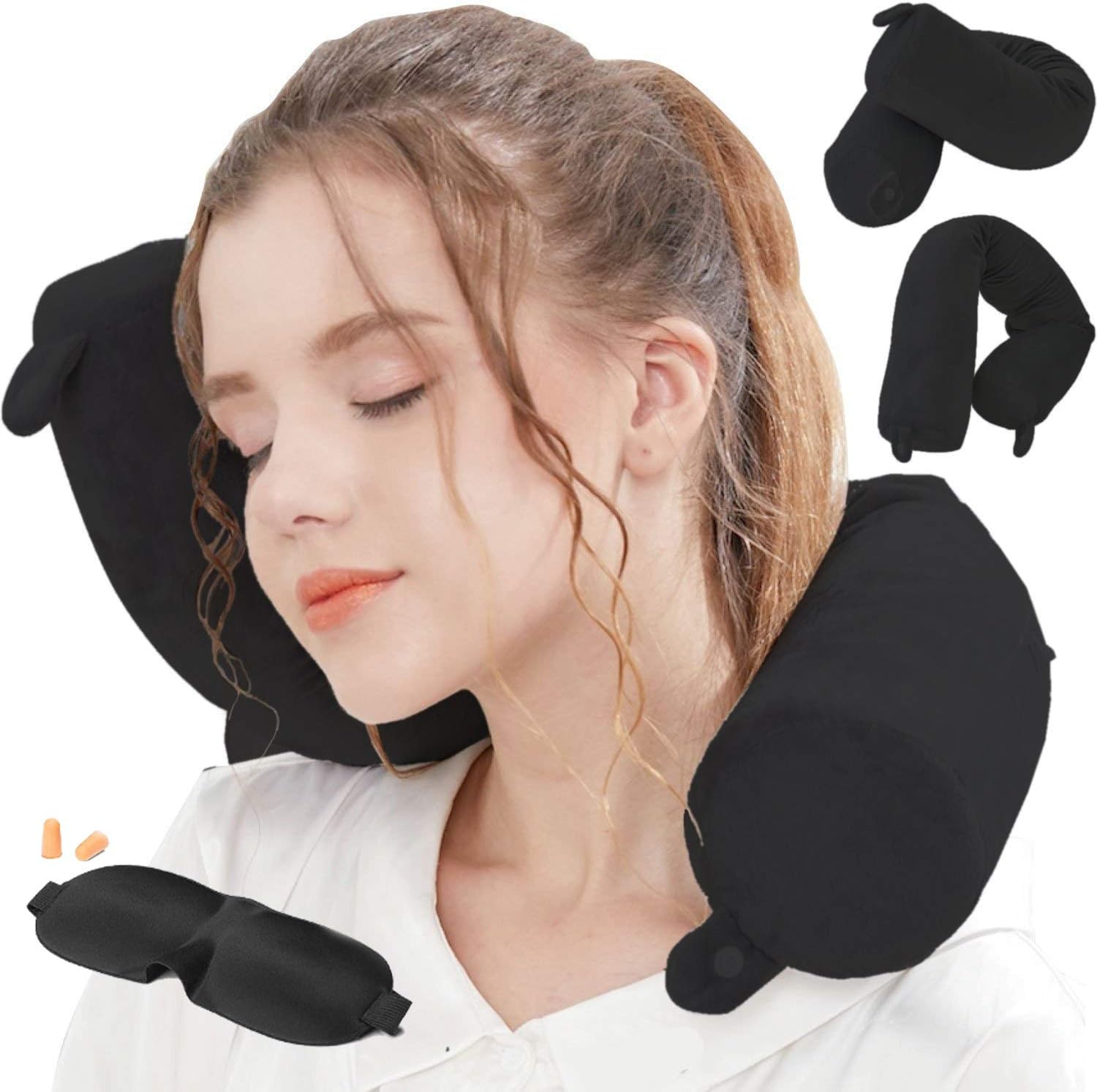LucearTwist Memory Foam Travel Pillow Neck, Chin, Lumbar Leg Support Traveling on Airplane, Bus, Train at Home (Dark Black)