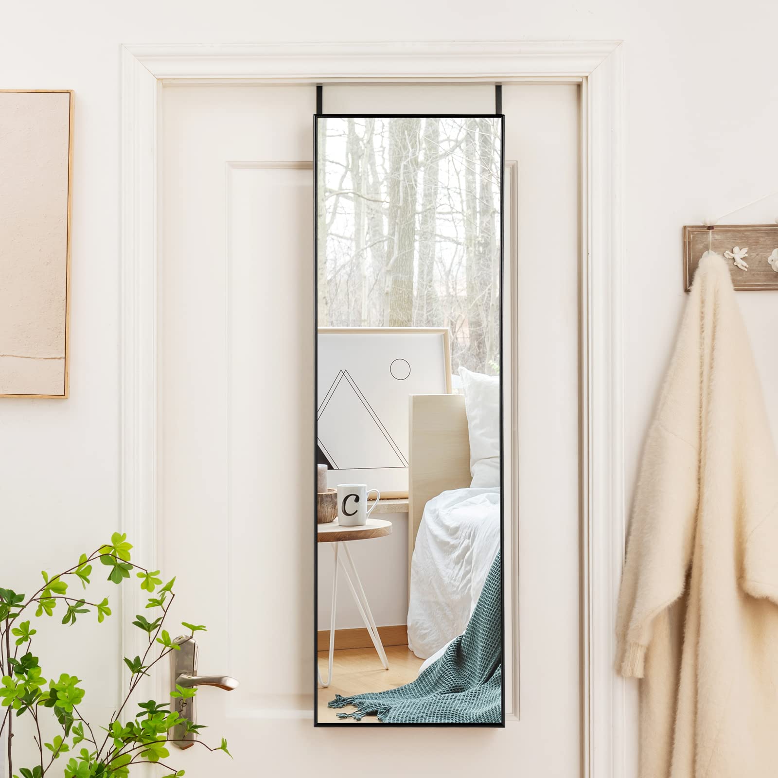 COSTWAY Miroir 120 x 37 cm Au-Dessus de la Porte, Miroir Pleine Longueur Cadre en Alliage d'Aluminium et Verre Incassable, Crochets pour Vestiaire Chambre Salon (Noir)