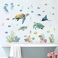Vista 3 de decalmile Under The Sea Turtle - Calcomanías de pared con diseño de tortugas marinas, algas, peces, hierba oceánica, calcomanías de pared, baño