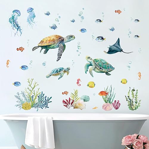 Miniatura 3 de decalmile Under The Sea Turtle - Calcomanías de pared con diseño de tortugas marinas, algas, peces, hierba oceánica, calcomanías de pared, baño,