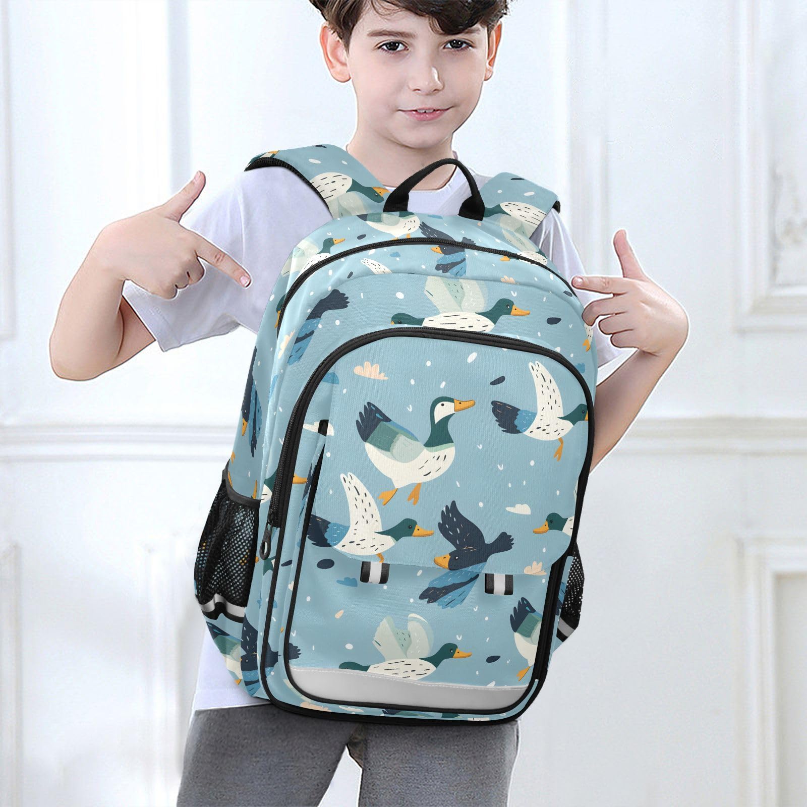 Zaino scolastico per bambini, zaino da viaggio, alla moda, per ragazze e ragazzi, con anatre che nuotano e volano, Anatre volanti e nuotanti, Taglia unica