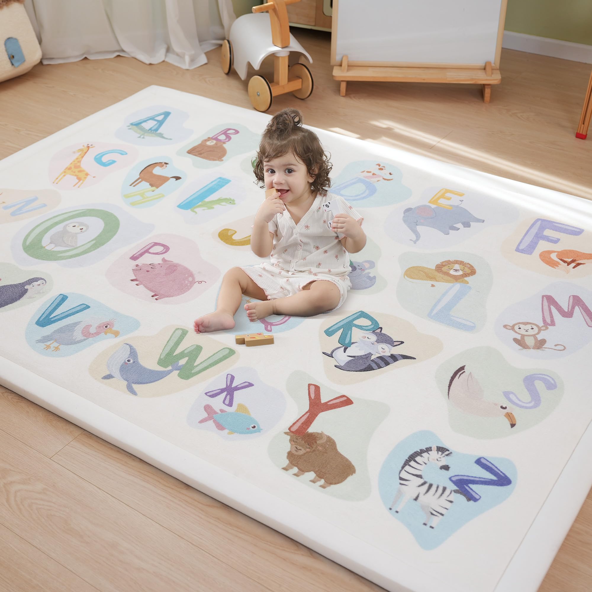 1.3" Thick Educational Baby Floor Play Mat 59x79, Basic Padded Memory Foam Kids Mat, Non-Slip Plush Playmat for Nursery Playroom Classroom (ABC Animal) Abc Animal 59"x79"x1.3"