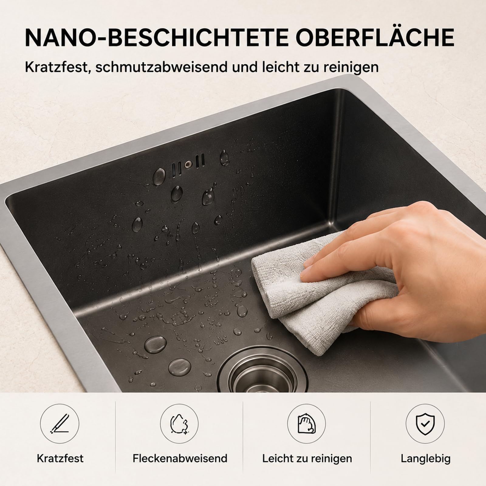 Lavandino 45 x 40 cm con rubinetto da cucina estraibile, lavastoviglie, dispenser di sapone e scolapiatti – Lavello da incasso multifunzione in acciaio inox 201 con rivestimento nano – Grigio Gun-