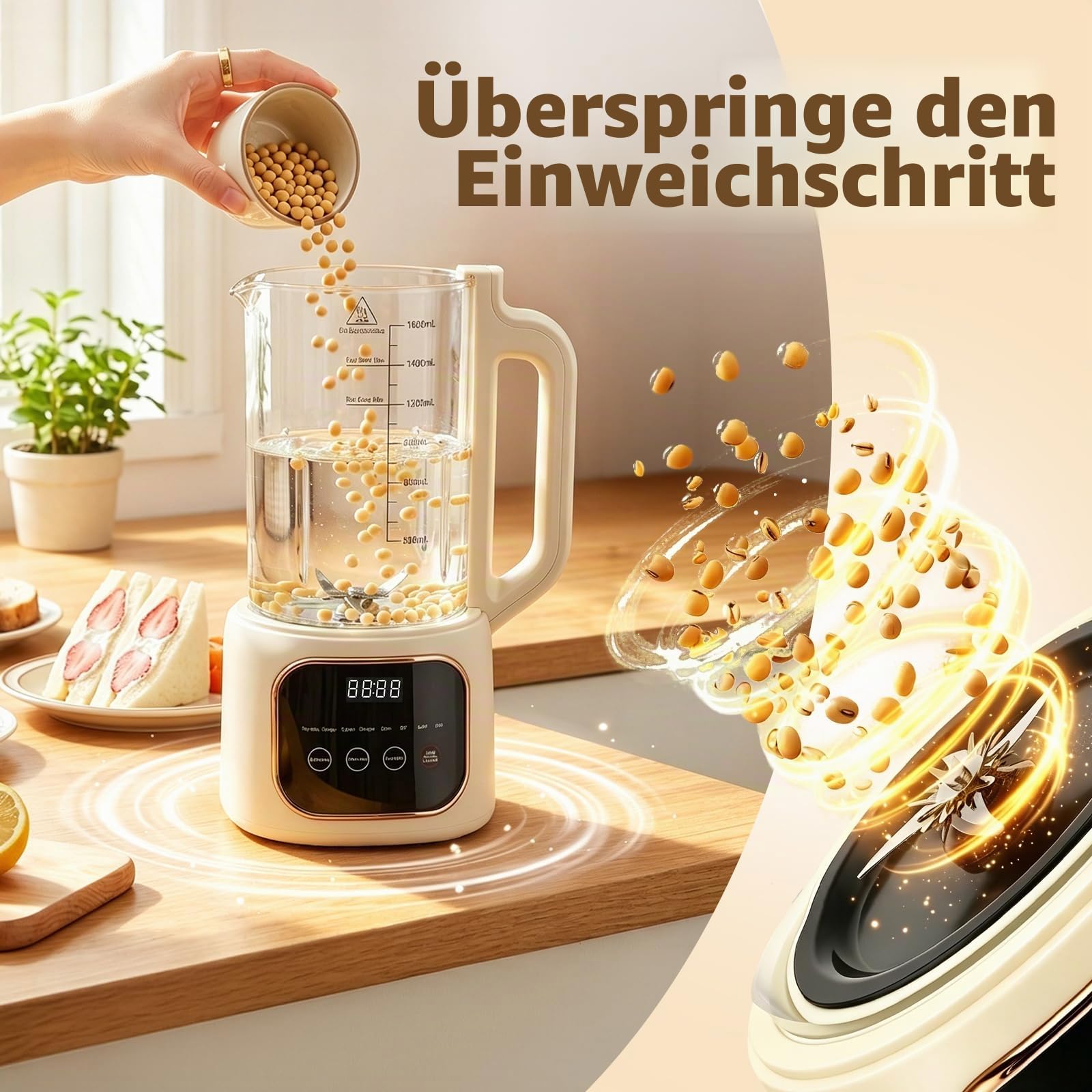 Nussmilchmaschine 1600ML, 20 Blätter Klingen & 35000 U/min, Leise Pflanzenmilchbereiter unter 48dB, Selbstreinigend, 24h Timer, 10 Programme für Sojamilch, Mandelmilch, Hafermilch, Smoothie & Tee