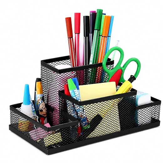 Organizador de Mesa Multifuncional em Metal Preto, Porta Lápis com Divisórias para Canetas, Clips, Bloco de Notas e Acessórios, Ideal para Escritório, Home Office e Estudos