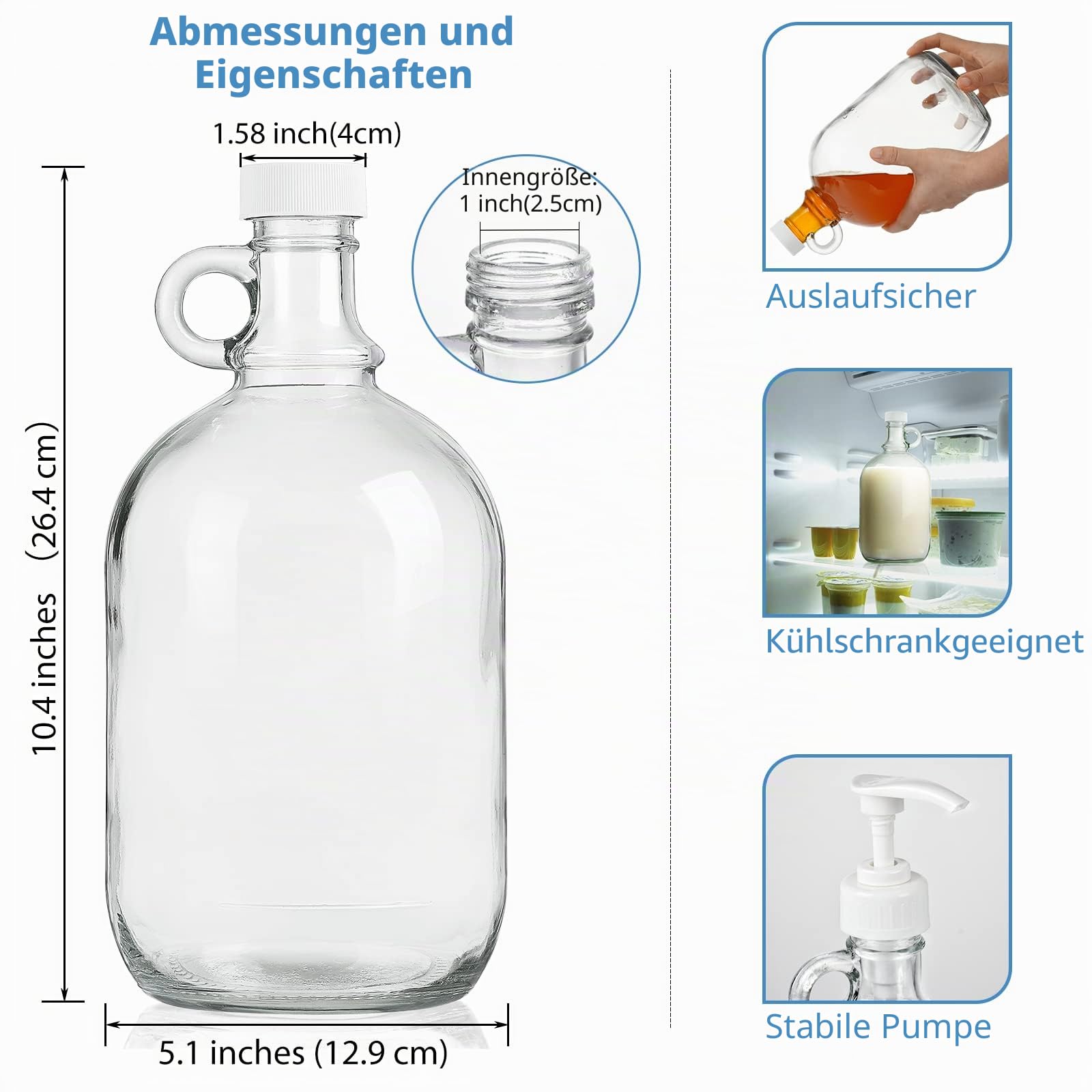 Sovietiep Waschmittelspender mit Pumpe und Deckel, 1,8 l, Glaspumpflasche für Waschseifenspender, Flüssigwaschmittel, Weichspüler-Spender, extra Etikett, Trichter, 2 Stück