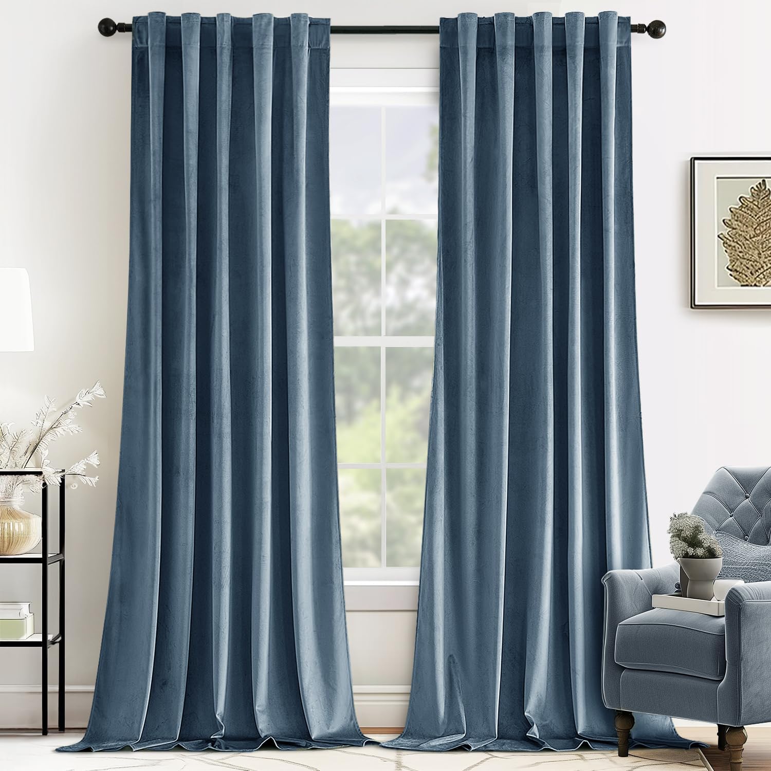 MIULEE Velvet Curtains 108 inches - Luxury Blackout Curtains for Bedroom Living Room Thermal Insulated Super Soft Window Drapes Rod Pocket & Back Tab, Stone Blue, W52 x L108 inches, 2 Panels 52"W x 108"L (Pack of 2) Stone Blue