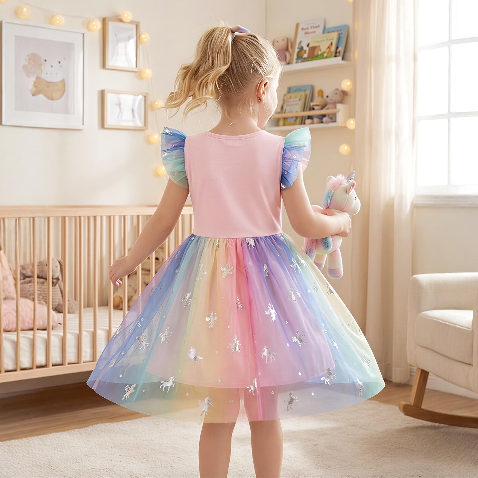 DivingBirds Vestito da ragazza con unicorno, con volant, a maniche corte, in cotone, estivo, per bambini, da 3 a 8 anni