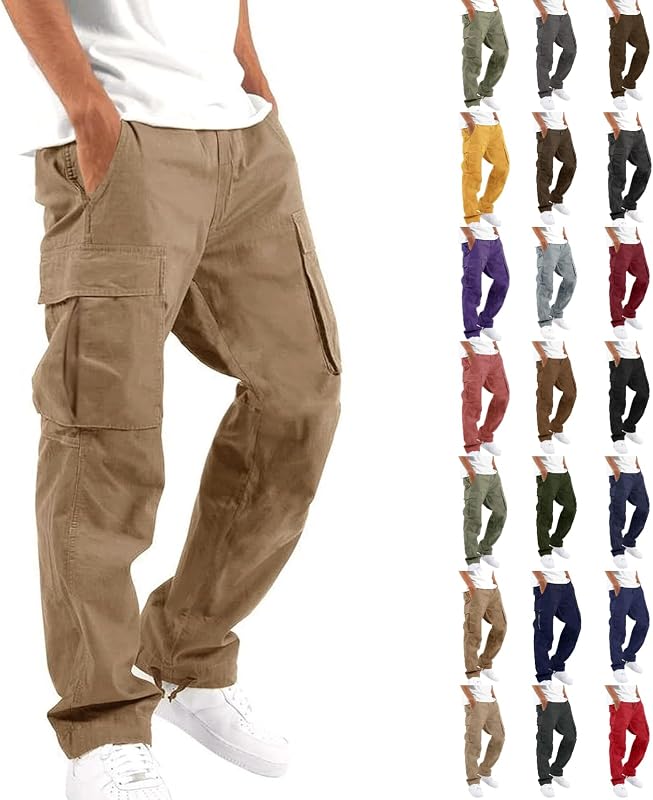 Mens Cargo Pants Casual Outdoor Hiking Work Pants Elastic Waist Cotton Athletic Joggers Baggy Sweatpants Multi Pockets