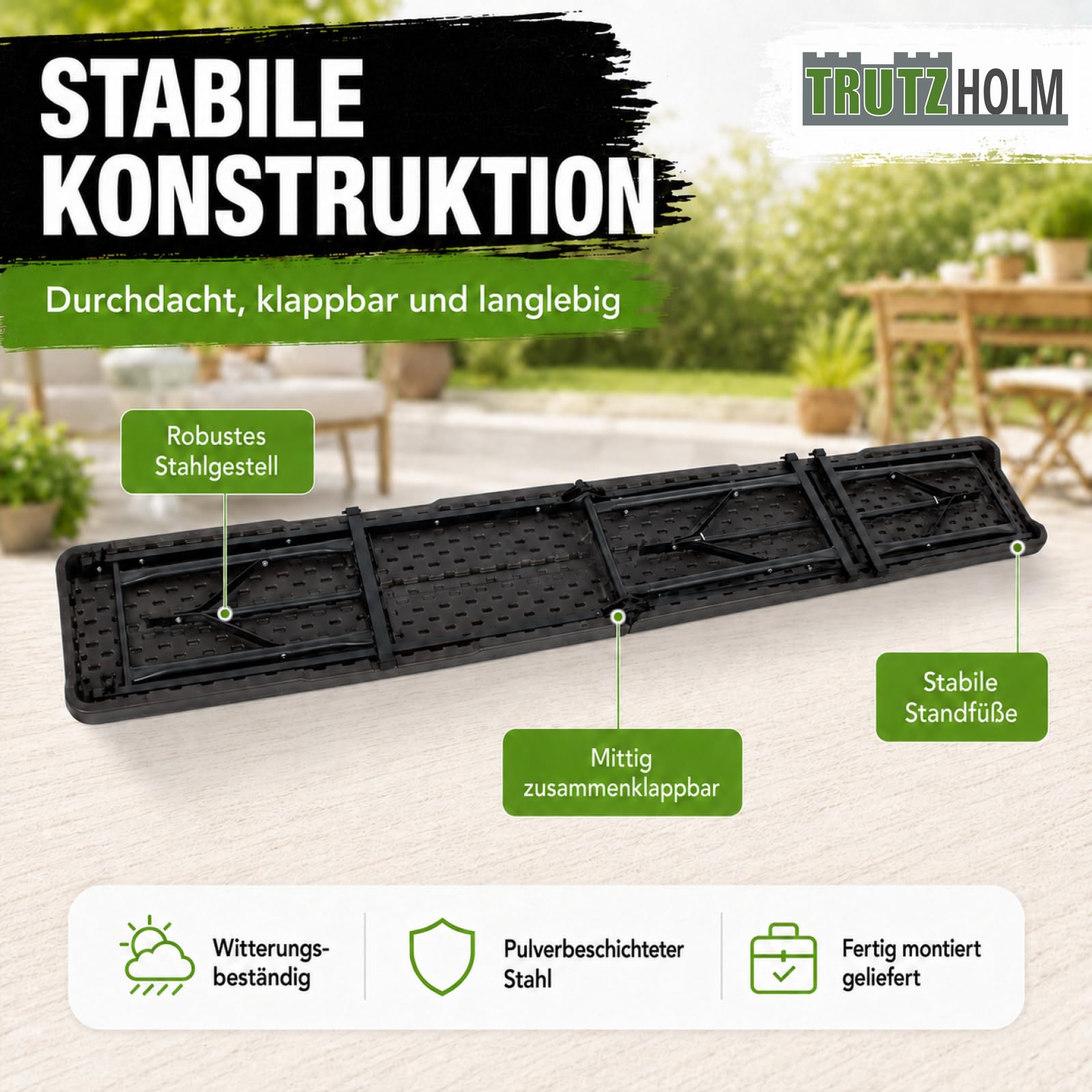 TRUTZHOLM Bierbank Klappbank aus Kunstoff Grau Holzoptik 180cm klappbar Bierzeltbank Campingbank