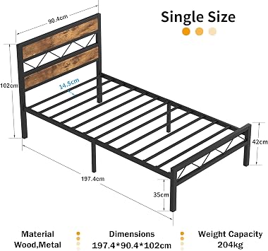 VECELO Single Bed Frame Set of 2 with Rustic Vintage Wooden Headboard, Heavy Duty Metal Slats Support, Platform Mattress Base No Box Spring Needed, No Noise, Easy Assembly