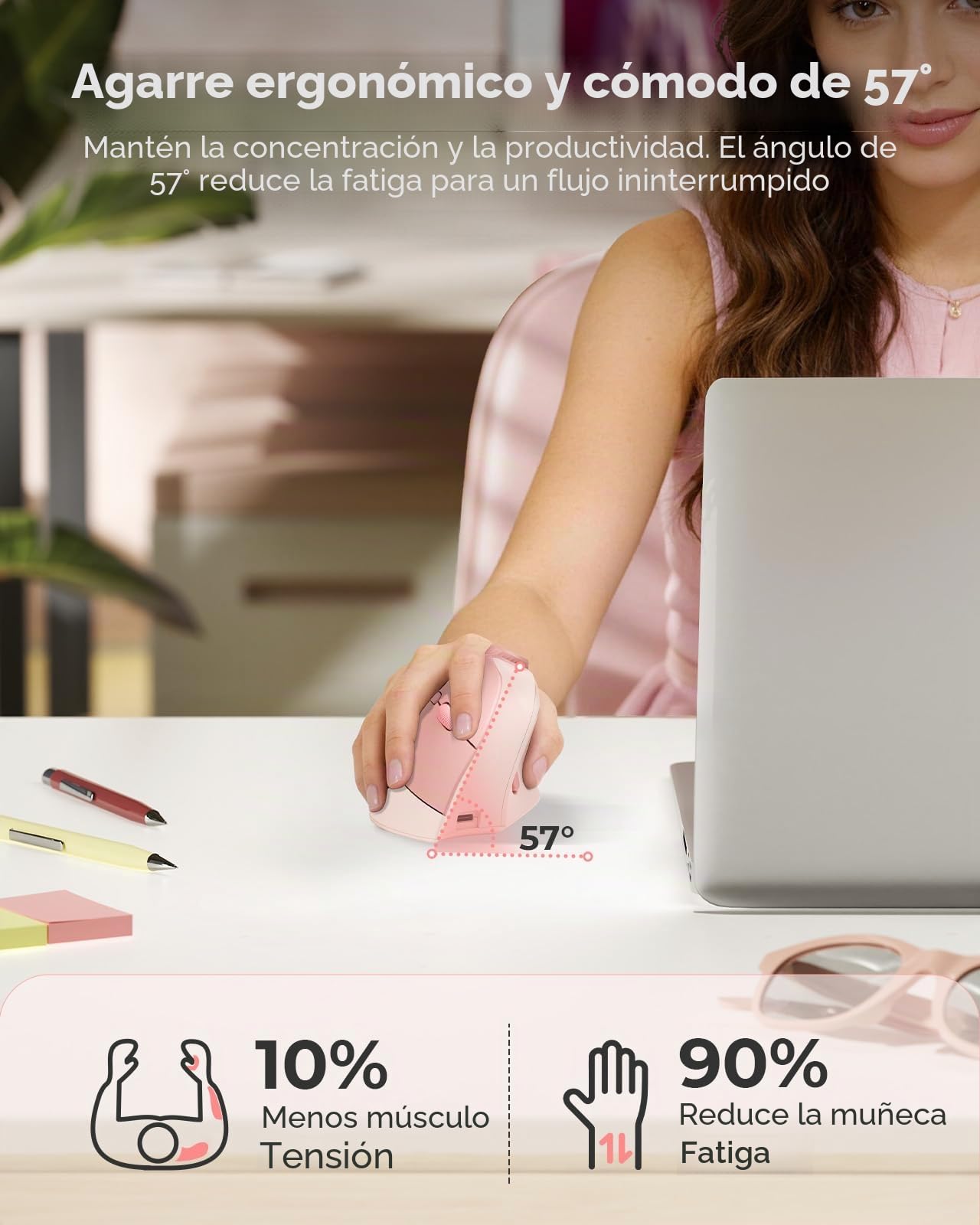 Ratón Ergonómico Inalámbrico, Ratón Vertical Recargable, Silencioso, con Botón de Volumen, Multi-Dispositivos (2*Bluetooth y USB), 3 dpi Ajustables para PC, Ordenador, Portátil, MacBook (Rosa)