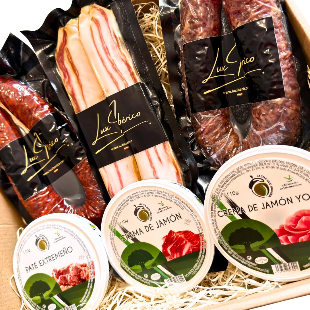 Lux Ibérico Lote Platon - Patés Extremeños, Panceta y Embutido | Chorizo y salchichón ibérico, panceta curada y tres patés extremeños para untar. Aperitivo completo listo para regalar.