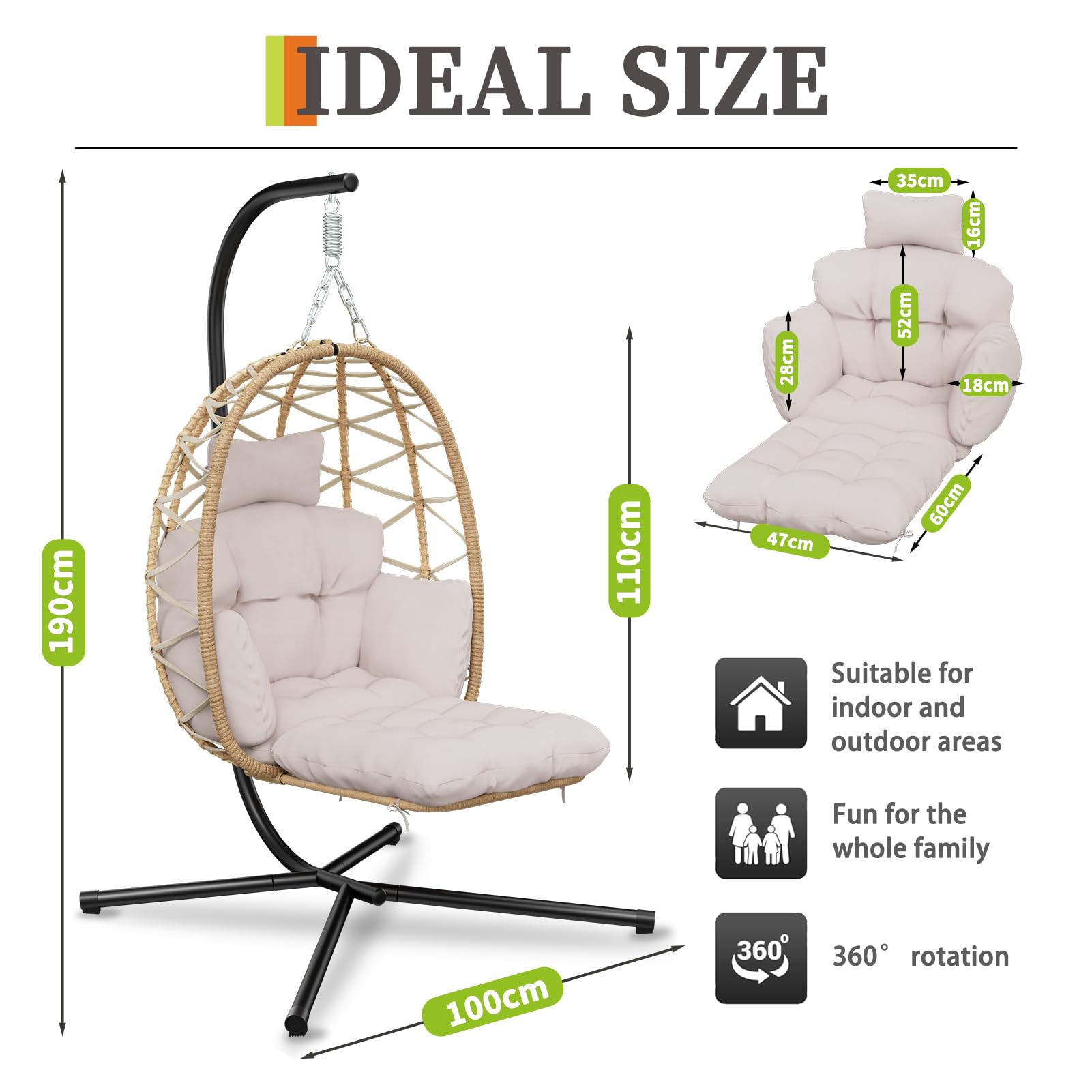 Hängesessel mit Gestell, Hängekorb Sessel mit Fußablage und Dicke Kissen, Outdoor oder Indoor Rattan Hängesessel, Möbel für Garten, Balkon, Wohnzimmer, Belastbar bis 150kg (Gray)
