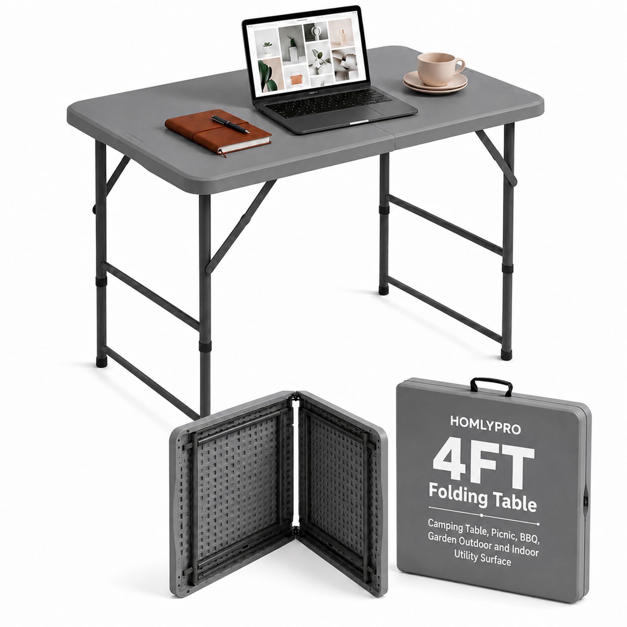 HomlyPro Heavy Duty 4FT Folding Table 120x60cm, Grey, Plastic Folding Desk Portable as Camping Table, Picnic, BBQ, Garden Outdoor and Indoor Utility Surface