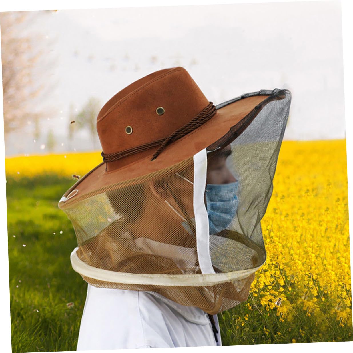 Toyvian Cappello da Ape Protettivo con Velo Integrale per Viso e Collo, Cappello da Apicoltore Traspirante con Cerniera e Guanti in Pelle Bianca, Protezione Antinsetto per Giardinaggio e Escursionismo
