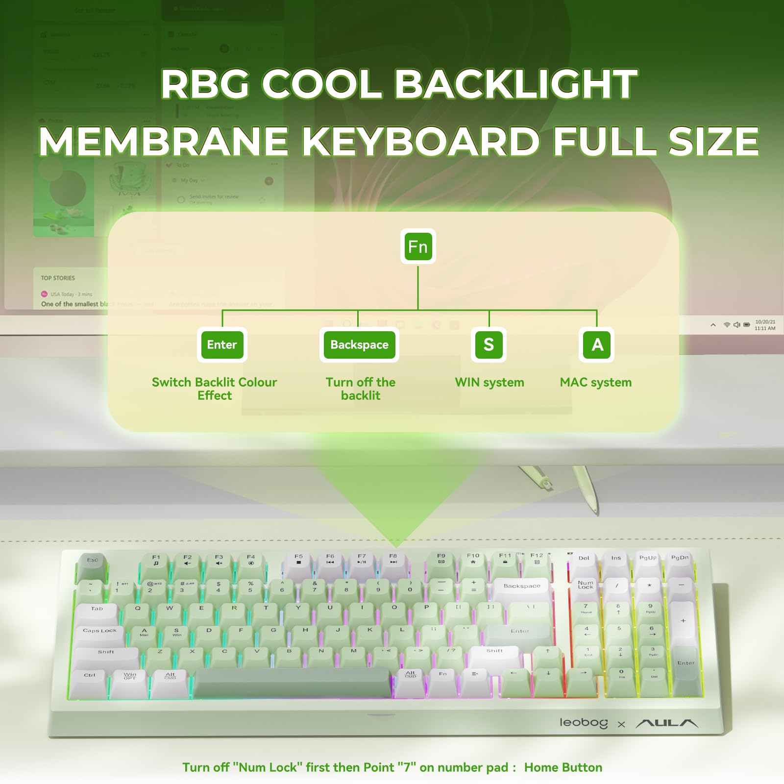 LEOBOG Aula - Tastiera da gioco wireless, color crema, tastiera Bluetooth per computer, sensazione meccanica, full size, con tastierino numerico retroilluminato RGB Tri-Mode BT/2,4 GHz/USB-C, verde