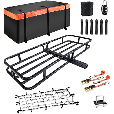MeeFar Hitch Mount Cargo Carrier Basket 53" x19" x 5"+Waterproof Cargo Bag (51" x17"x 18"),Hauling Weight Capacity of 500 Lbs fit on 2 Inch Receiver with Hitch Stabilizer,Net and Straps