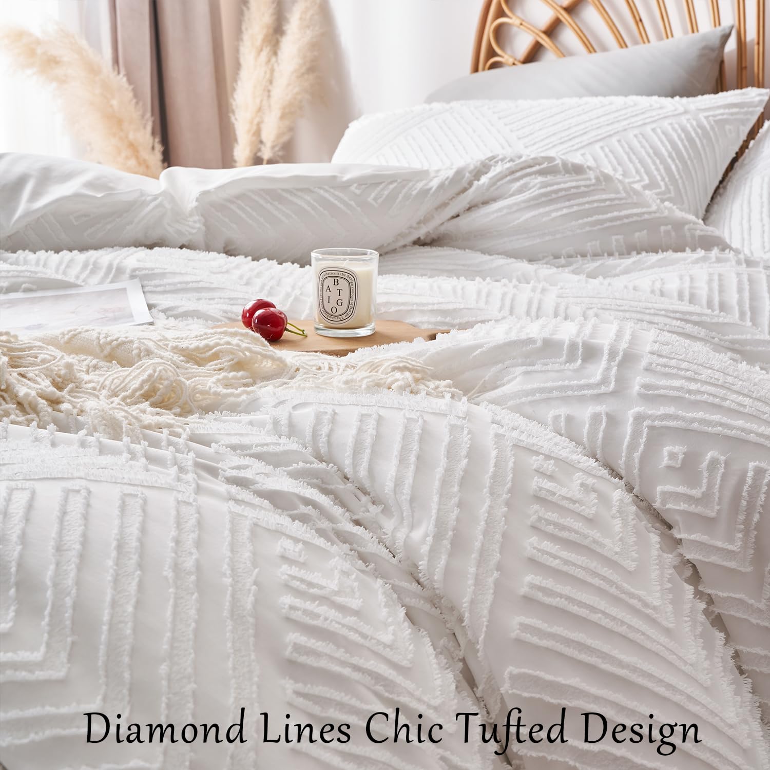 Senville White Boho Duvet Cover Queen Size,Geometric Textured Duvet Cover Tufted Bedding Set, 3 Piece Ultra Soft Washed Microfiber with Zipper Closure(White,Queen)