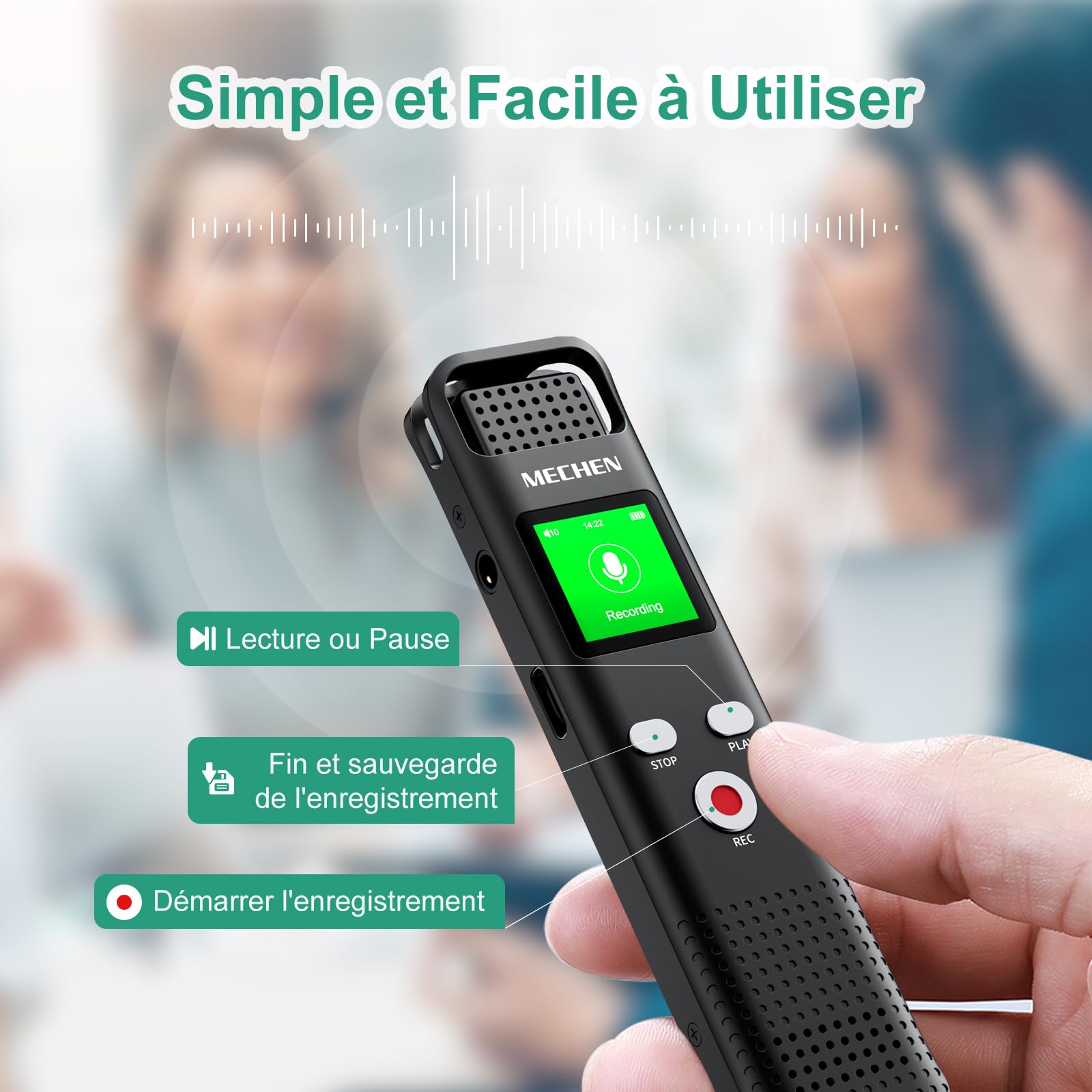 MECHEN Enregistreur Vocal 128 Go, 1536 kbps Dictaphone Numérique