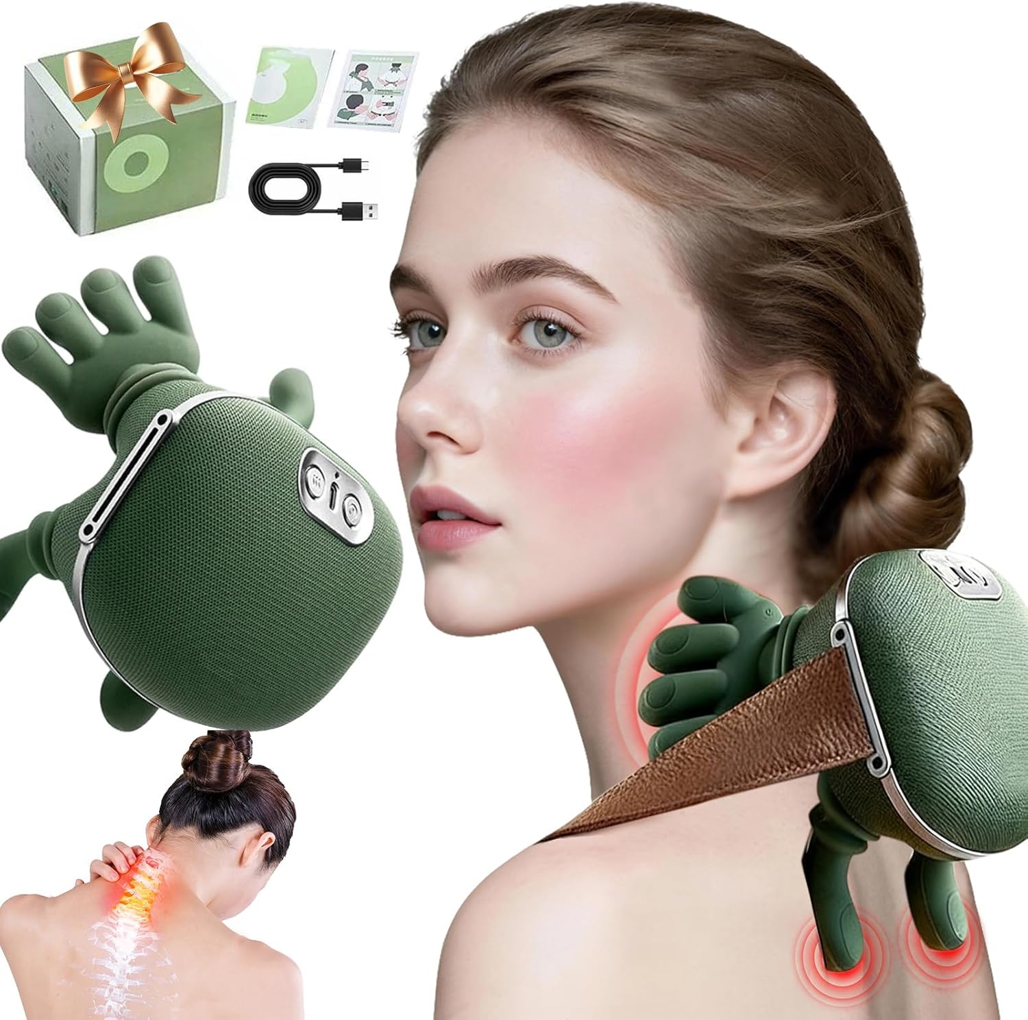 Neck Massager with Heat & Compression, Portable 4D Shiatsu Deep Tissue Kneading Massager for Neck, Shoulder, Back Pain Relief, Comfort, Muscle Relaxation at Home, Office, Travel Easter Gift Women Men