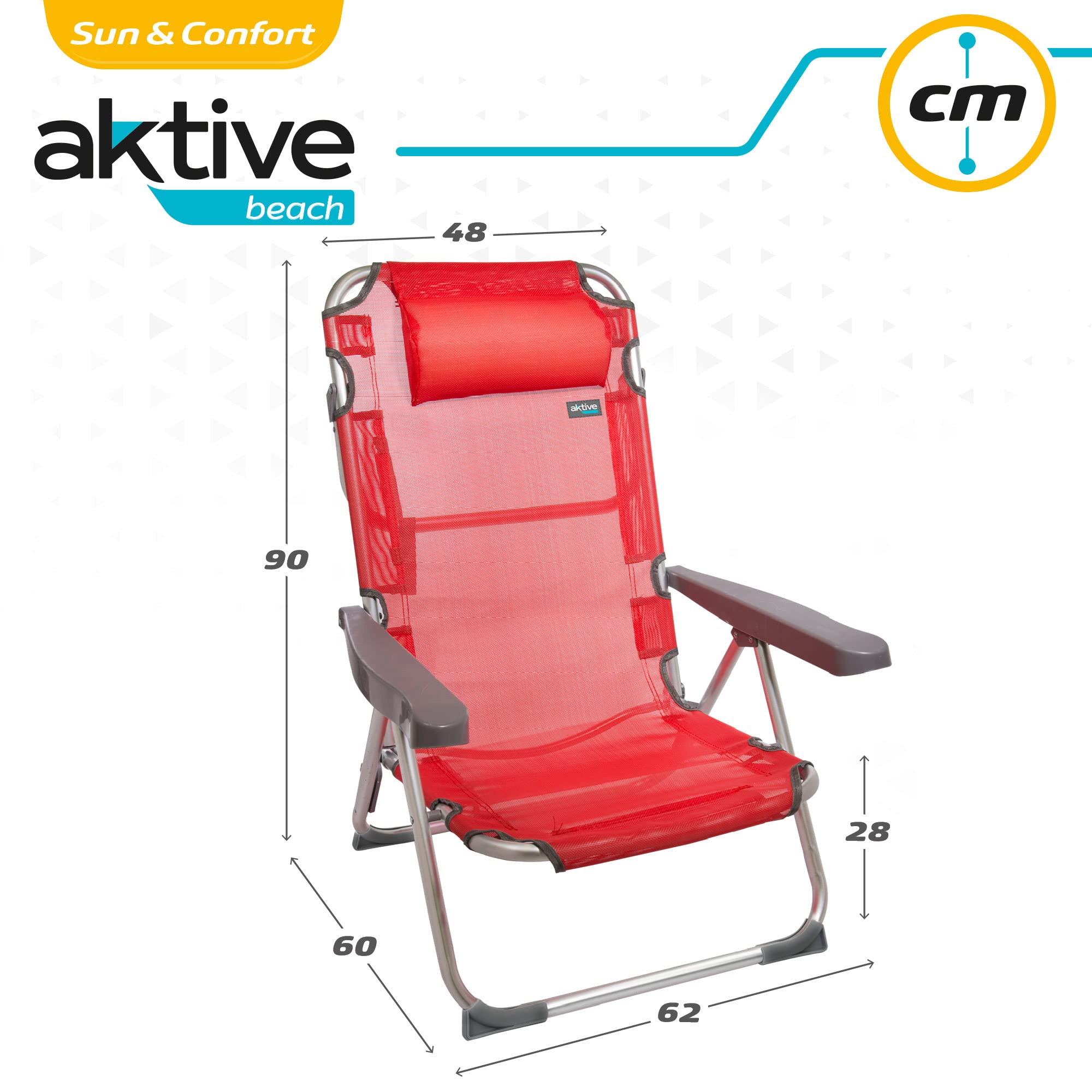 AKTIVE 62265 - Pack de 2 Chaises Hautes Pliantes avec Coussin pour la Plage, Le Jardin, la Terrasse ou Le Camping, Dimensions 48X60X90cm, Accoudoirs Durables et Ergonomiques