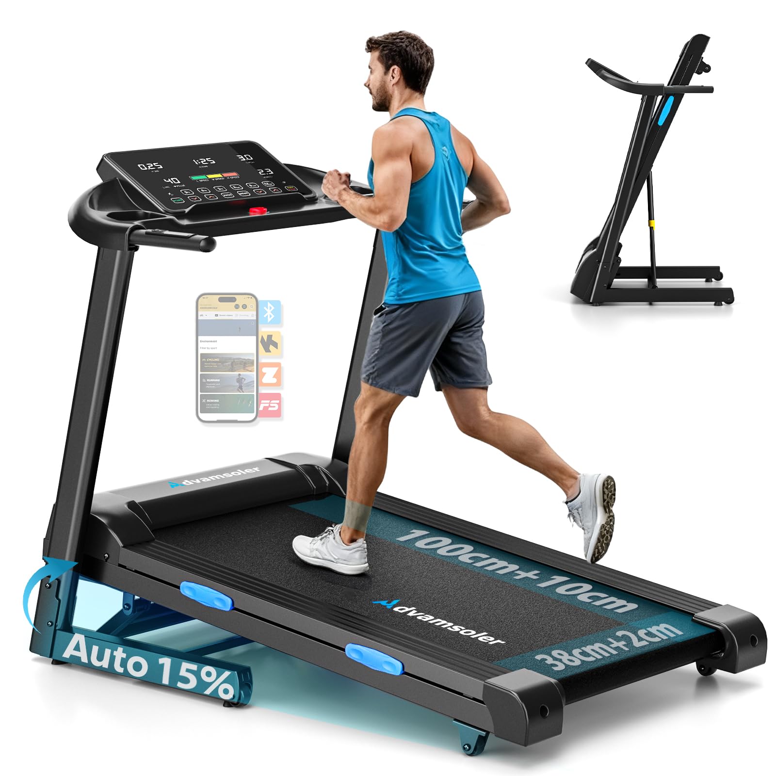 Laufband Für Zuhause Klappbar mit Automatischer Neigung 15%, Walking Pad 14KM/H, Laufband mit 3,0-PS-Motor, 12 Voreingestellte Programme und Fitness App, Fitnessgeräte Belastung 160Kg