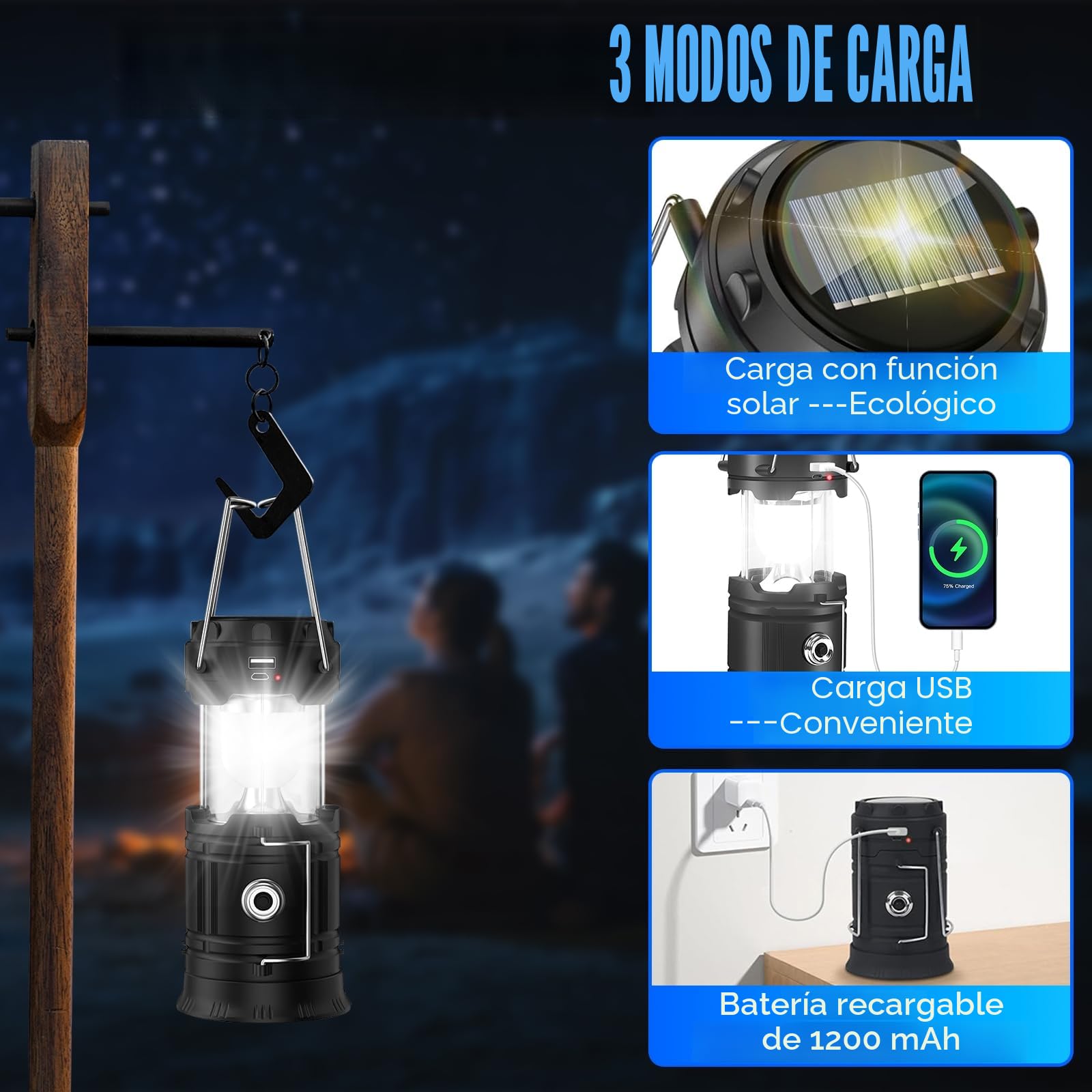 Linterna Camping Solar LED Plegable Impermeable con Gancho, Luz para Acampar, Negro