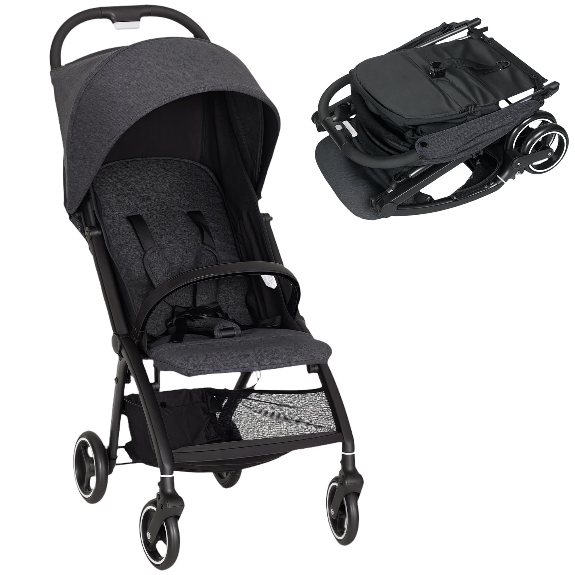 AIYAPLAY Silla de Paseo Ligera Plegable con Respaldo Reclinable | Con Reposapiés Ajustable, Capota, Arnés de 5 Puntos, Cesta y Soporte hasta 15 kg