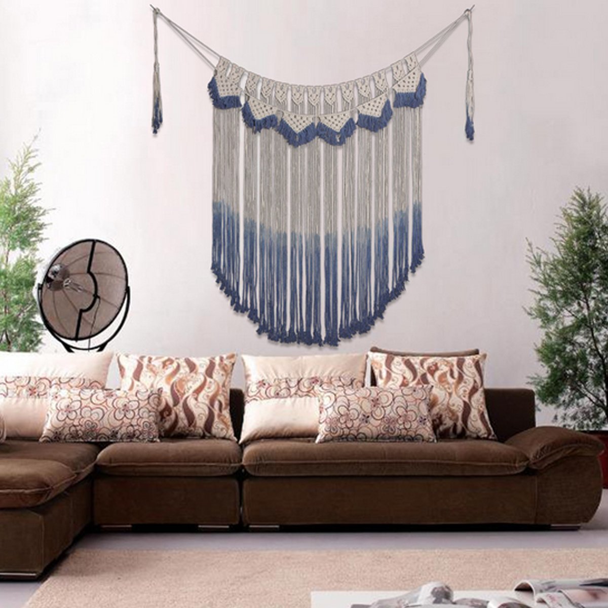 Handmade Weave Curtain White Cotton Fiber Art Wall Hanging (Blue)