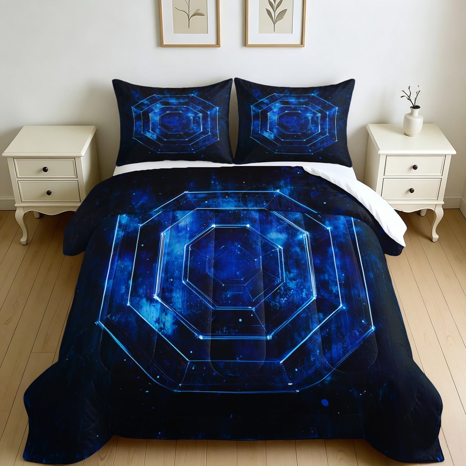 Edredón Matrimonio 4 Estaciones Patrones geométricos Abstractos Estampado 200 x 200 cm Negro Lavable, 2 Fundas de Almohada 50x75 cm