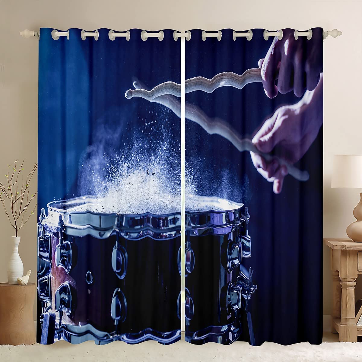 Rock Music Dreapes Drum Kit Tende per camera da letto soggiorno bambini ragazzi ragazze adolescenti strumenti musicali Tende oscuranti (30% -50%) Hip Hop Blue Window Trattamenti W52 x L90
