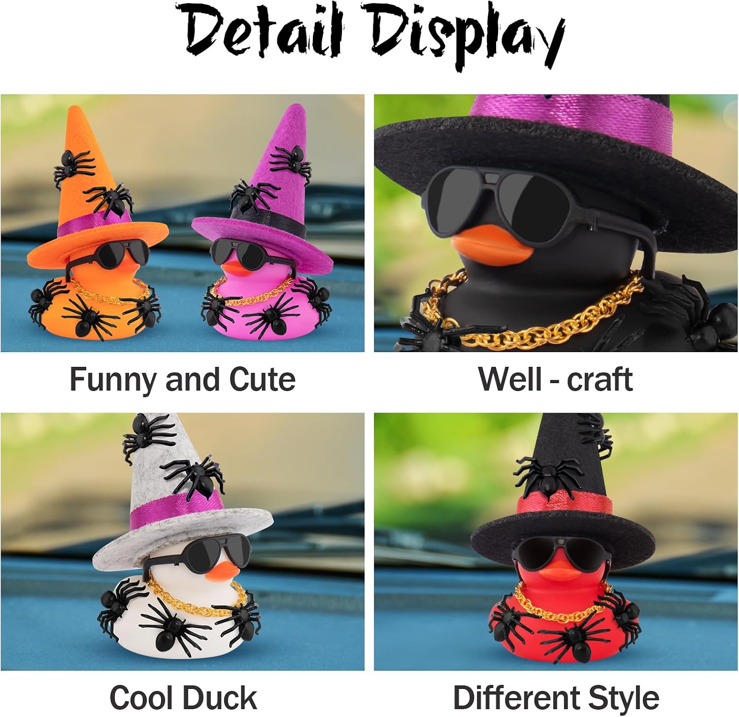 Wonuu Halloween Rubber Duck Spider Decorations Duck Car Ornaments Witch Hat Sunglasses and Necklace, Black